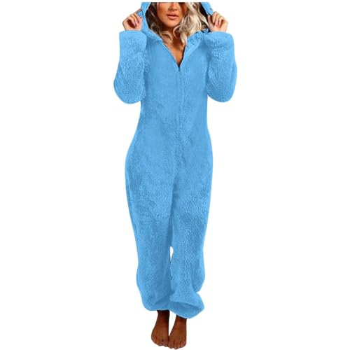 Jumpsuit Damen Teddy Fleece Einteiler Overall Anzug Flauschig Schlafanzug Winter Warm Onesie Plüsch Kuschelig Hausanzug Lang Schlafoverall Weich Pyjama Schlafanzug mit Kapuze Jumpsuit Homewear von Generisch