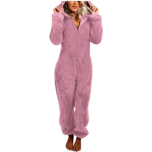 Jumpsuit Damen Teddy Fleece Einteiler Overall Anzug Flauschig Schlafanzug Winter Warm Onesie Plüsch Kuschelig Hausanzug Lang Schlafoverall Weich Pyjama Schlafanzug mit Kapuze Jumpsuit Homewear von Generisch