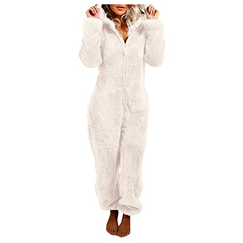 Jumpsuit Damen Teddy Fleece Einteiler Overall Anzug Flauschig Schlafanzug Winter Warm Onesie Plüsch Kuschelig Hausanzug Lang Schlafoverall Weich Pyjama mit Kapuze(Beige, XL) von Generisch