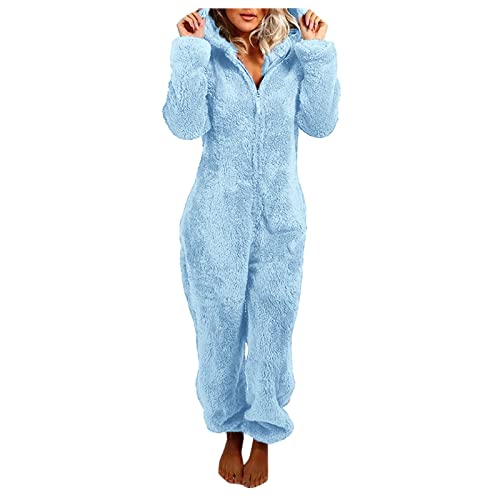 Jumpsuit Damen Teddy Fleece Einteiler Overall Anzug Flauschig Schlafanzug Winter Warm Onesie Plüsch Kuschelig Hausanzug Lang Schlafoverall Weich Pyjama mit Kapuze(Hellblau, 4XL) von Generisch