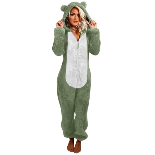 Jumpsuit Damen Teddy Fleece Einteiler Overall Anzug Flauschig Schlafanzug Winter Warm Onesie Plüsch Kuschelig Overall Hausanzug Lang Schlafoverall Weich Pyjama Schlafanzug mit Kapuze Reißverschluss von Generisch