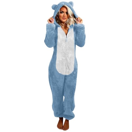 Jumpsuit Damen Teddy Fleece Einteiler Overall Anzug Flauschig Schlafanzug Winter Warm Onesie Plüsch Kuschelig Overall Hausanzug Lang Schlafoverall Weich Pyjama Schlafanzug mit Kapuze Reißverschluss von Generisch