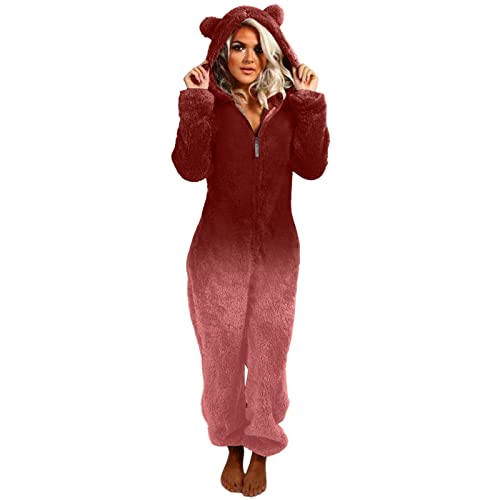 Jumpsuit Damen Teddy Fleece Einteiler Overall Anzug Flauschig Schlafanzug Winter Warm Onesie Plüsch Kuschelig Overall Hausanzug Lang Schlafoverall Weich Pyjama Schlafanzug mit Kapuze Reißverschluss von Generisch