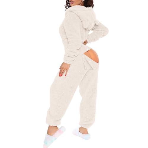 Jumpsuit Damen Teddy Fleece Einteiler Overall Anzug Flauschig Schlafanzug Winter Warm Onesie Plüsch Kuschelig Overall Hausanzug Lang Schlafoverall Weich Pyjama Schlafanzug mit Kapuze Reißverschluss von Generisch