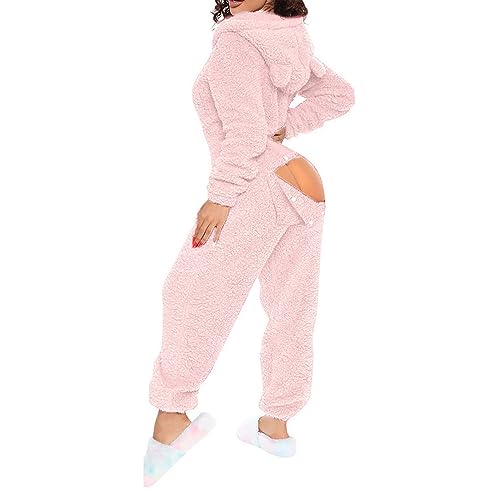 Jumpsuit Damen Teddy Fleece Einteiler Overall Anzug Flauschig Schlafanzug Winter Warm Onesie Plüsch Kuschelig Overall Hausanzug Lang Schlafoverall Weich Pyjama Schlafanzug mit Kapuze Reißverschluss von Generisch