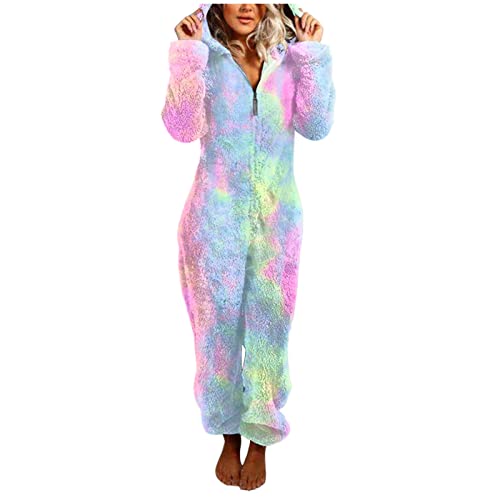 Jumpsuit DamenTeddy Fleece Schlafanzug Einteiler Winter Warm Kuschelig Onesie Lang Schlafoverall Pyjama Kuschelig und Warm Ganzkörperanzug Flauschig Hausanzug mit Kapuze (01 Rosa, L) von Generisch