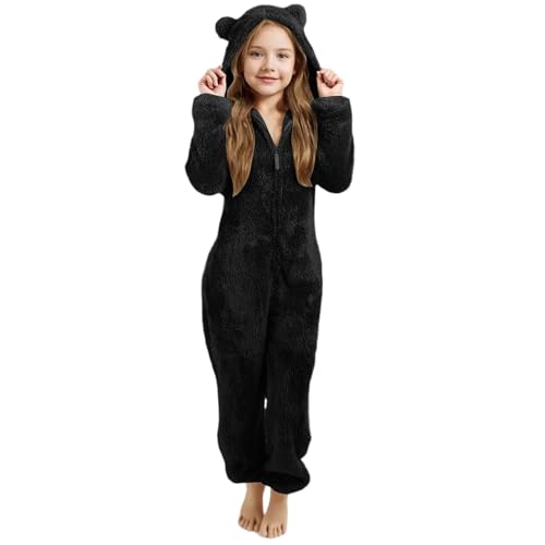 Jumpsuit Kinder Teddy Fleece Einteiler Overall Mädchen Langarm Fleece Onesie Kinder mit Bärenohren Kapuze Und Reißverschluss Warm Plüsch Schlafanzug Herbst Winter Pyjama Schlafoverall Hausanzug von Generisch