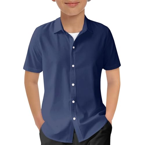 Junge Hemden Sommer Schulhemd Kurzarm Revershemd Hemd Kinder Lässig Leicht Luftig Shirt Unisex Weich Einfarbig Kinde Bluse Basic Bequem Oberteil Alltag Blusentop (Navy, 13-14 Years) von Generisch