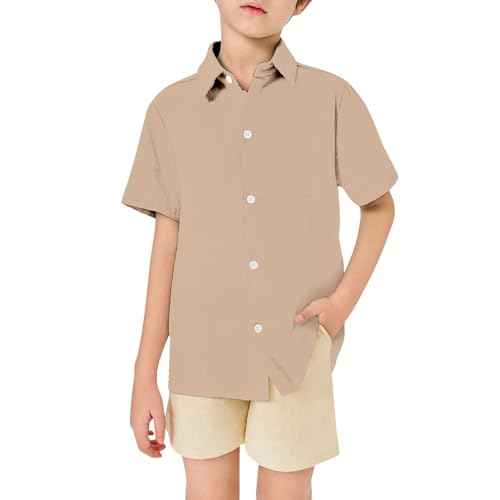 Junge Hemden Sommer Schulshirts Kurzarm Revershemd Kinder Hemd Atmungsaktiv Freizeit Shirt Strickjacke Einfarbig Weich Kinde Bluse Bequemes Oberteil Alltag Blusentop (Khaki, 10-11 Years) von Generisch