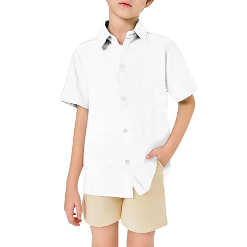 Junge Hemden Sommer Schulshirts Kurzarm Revershemd Kinder Hemd Atmungsaktiv Freizeit Shirt Strickjacke Einfarbig Weich Kinde Bluse Bequemes Oberteil Alltag Blusentop (White, 12-13 Years) von Generisch