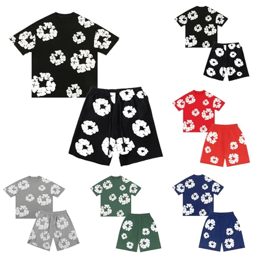 Jungen D T T-Shirt und Shorts Set 2 Teiliges Sommer Trainingsanzug Jogginganzug, Kurzarm T-Shirts und Hose, Unisex Kinder Sommer 2-Teilig Outfit Sportanzug, Denim T Jogginganzug Mädchen mit Blumen von Generisch