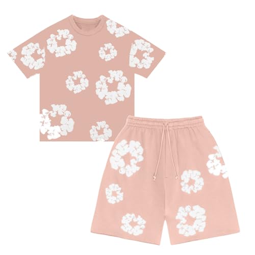 Jungen T-Shirt Und Shorts Set 2 Teiliges Sommer Trainingsanzug Jogginganzug Y2K Hip Hop Kurzarm Tshirt Und Shorts Unisex Sportanzug Mit Blumen Baumwoll Weich Outfit Light Pink 160 von Generisch