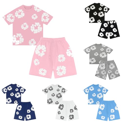 Jungen T-Shirt Und Shorts Set 2 Teiliges Sommer Trainingsanzug Jogginganzug Y2K Hip Hop Kurzarm Tshirt Und Shorts Unisex Sportanzug Mit Blumen Baumwoll Weich Outfit Pink 150 von Generisch