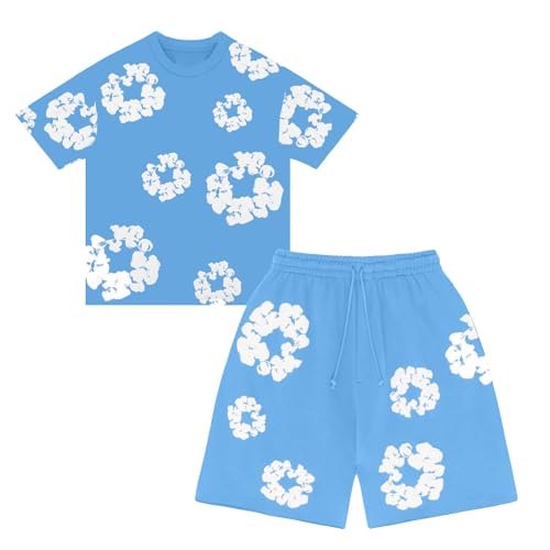 Jungen T-Shirt und Shorts Set Zweiteiler Sommer Outfit Streatwear Trainingsanzüge Jogginganzug 2-Teilig Y2k Blumen Tracksuit Sportanzug Baggy Streatwear Hip Hop Kurze Hose Set Jungs Helle Blau 170 von Generisch