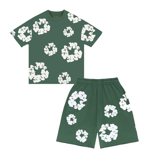 Jungen Trainingsanzug Sommer DT T-Shirt und Shorts Set 2 Teiliges Jogginganzug Kurzarm,Y2K Hip Hop T-Shirt mit Baumwollkranz,Unisex Schaumdruck Sportanzug Weich Outfits Dark Green 160 von Generisch