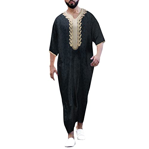 Kaftan Herren Lang Arabisch Langarm Abaya-Herren mit V Ausschnitt - Lang Thobe Seite Split mit Taschen Muslim Druck Islamisch Royalty Dubai Robe Lange Ärmel Retro Tuniken Gebetskleidung für Männer von Generisch