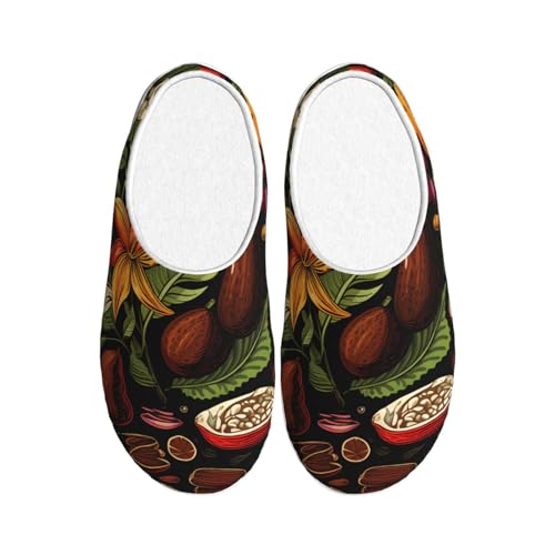 Kakaopflanze Damen Hausschuhe Flanell Haus Pantoffeln für Herren Blätter Blume rutschfest Warme Winterschuhe für Indoor Outdoor, mehrfarbig, X-Small Men/ X-Large Women von Generisch