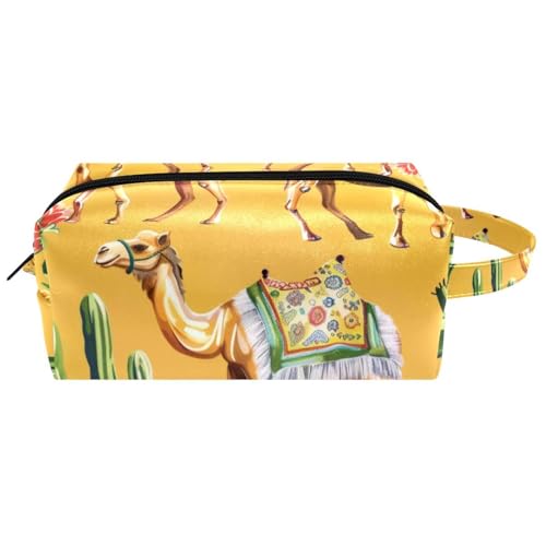 Kamele und Kaktus hängende Make-up-Tasche, wasserabweisend, Leder, Kulturbeutel, Reisetasche mit Griff, tragbare Kosmetiktasche für Damen, Herren, Mädchen, Mehrfarbig 06, 8.2x3.1x3.5 in/21x8x9 cm von Generisch