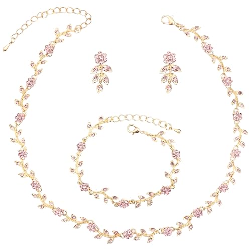 Kamelien-Halskette aus Zinklegierung, Damen-Brautschmuck-Set, Strasssteine, inklusive Ohrringen und Armband, für Hochzeiten und besondere Anlässe von Generisch
