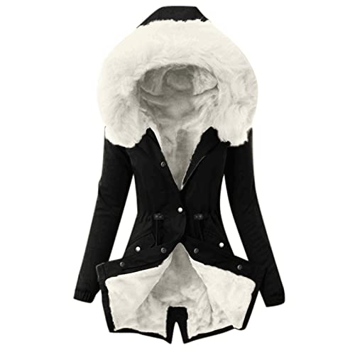 Kapuzenjacke Damen Gefüttert Wasserdicht Mit Taschen - Einfarbig Wintermantel Lang Wollmantel Warm Mit Reißverschluss - Oversized Verdicken Mit Pelzkragen Kapuze Winterparka Steppjacke Damenjacke von Generisch