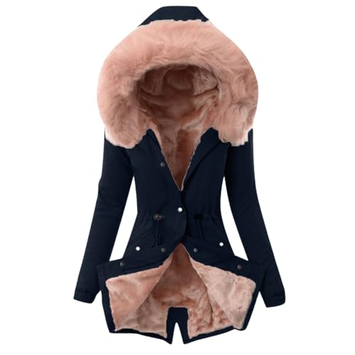 Kapuzenjacke Damen Gefüttert Wasserdicht Mit Taschen - Einfarbig Wintermantel Lang Wollmantel Warm Mit Reißverschluss - Oversized Verdicken Mit Pelzkragen Kapuze Winterparka Steppjacke Damenjacke von Generisch