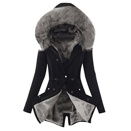 Kapuzenjacke Damen Gefüttert Wasserdicht Mit Taschen - Einfarbig Wintermantel Lang Wollmantel Warm Mit Reißverschluss - Oversized Verdicken Mit Pelzkragen Kapuze Winterparka Steppjacke Damenjacke von Generisch