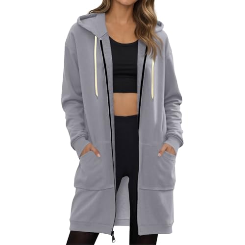 Kapuzenjacke Damen Lang Sweatjacke Mit Taschen Hoodie Mit Reissverschluss Sweatshirt Elegant Übergangsjacke Casual Wintermantel Winddicht Winterjacke Warm Mantel Elegant Jacke Locker Leichte von Generisch