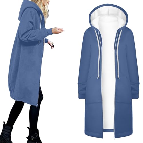 Kapuzenjacke Damen Lang Sweatjacke Warm Fleece Winterjacke Reißverschluss Klassisch Outerwear Drawstring Kapuze Langarmjacke mit Taschen Mantel Kontrast-Innenfutter Kapuzenpulli von Generisch