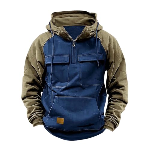 Kapuzenpulli Herren Hoodie Mit Reißverschluss 3XL Sweatpullover Herren Blend Oversized Kapuzenpullover Vintage Sweatshirt Spleißen Farbblock Sweatjacke Halfzip Sportshirt Mit Taschen Cargo Jacke von Generisch