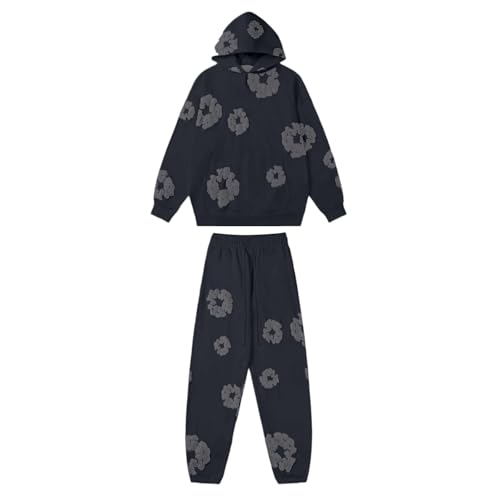 Kapuzenpullover und Jogginghose Set 2 Teiliges Herren Damen Trainingsanzug Jogginganzug, Y2K Hip Hop Langarm Hoodie und Hose, Unisex Winter 2-Teilig Outfit Sportanzug, Denim T Jogginganzug mit Blumen von Generisch