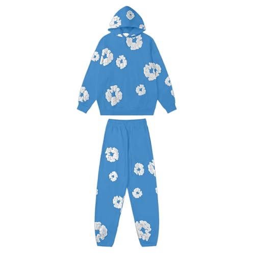 Kapuzenpullover und Jogginghose Set 2 Teiliges Herren Damen Trainingsanzug Jogginganzug, Y2K Hip Hop Langarm Hoodie und Hose, Unisex Winter 2-Teilig Outfit Sportanzug, Denim T Jogginganzug mit Blumen von Generisch