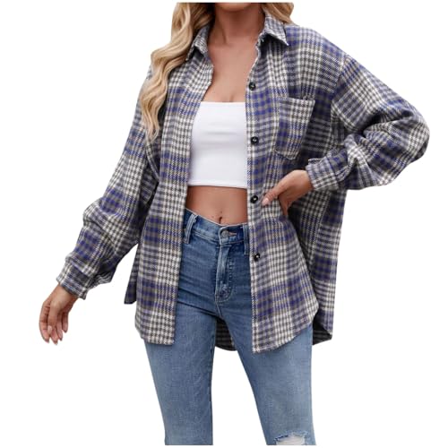 Karierte Bluse Damen Oversize Kariert Langarm - Hemden Weiches Gestrick Casual Button-Down Trachtenhemd Tunika Oktoberfest Roll Up Ärmel Knopfleiste Top V-Ausschnitt Blusen Holzfällerhemd Hemdbluse von Generisch