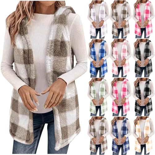Karierte Fleeceweste Damen Winter Teddyjacke Ärmellos Weste mit Kapuze Open Front Steppweste Lang Fleecejacke Warm Winterjacke Weicher Longweste Bequeme Daunenweste Strickjacke Sweater Winterweste von Generisch