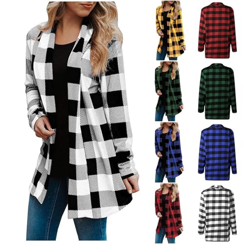 Karierte Herbstjacke Damen Große Größen, Hemdjacke Damen Kariert Übergangsjacke Elegant Strickjacke Langarm Damenjacken Revers Mantel Dünne Longstrickjacke Winter Cardigan Locker Sweatjacke 5XL von Generisch