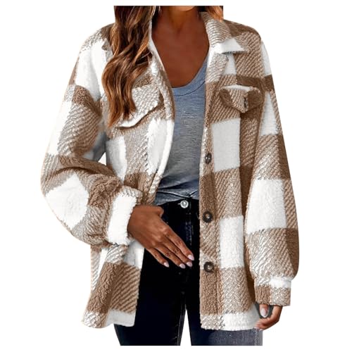 Kariertes Fleecejacke Damen Oversize Hemdjacke Winter Übergangsjacke Warme Shacket Jacke Hemdbluse Lässiges Revers Winterjacke Große Größen Strickjacke Langarm Plüschjacke Wintermantel von Generisch