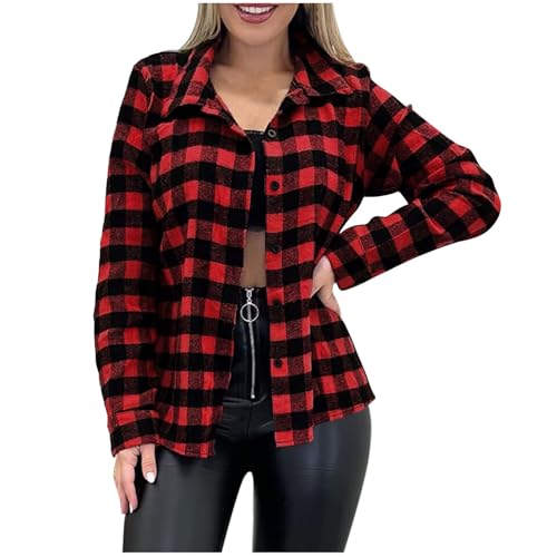 Kariertes Hemd Damen Langarm Casual Bluse Shirt Button-down Karo Hemden Elegant Trachtenbluse Leichte Sommer Hemdjacke Übergangsjacke Shacket Jacke Holzfäller Hemdbluse für Alltag und Oktoberfest von Generisch