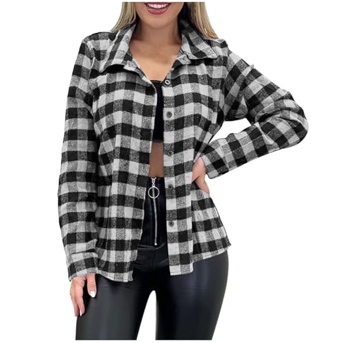 Kariertes Hemd Damen Langarm Casual Bluse Shirt Button-down Karo Hemden Elegant Trachtenbluse Leichte Sommer Hemdjacke Übergangsjacke Shacket Jacke Holzfäller Hemdbluse für Alltag und Oktoberfest von Generisch