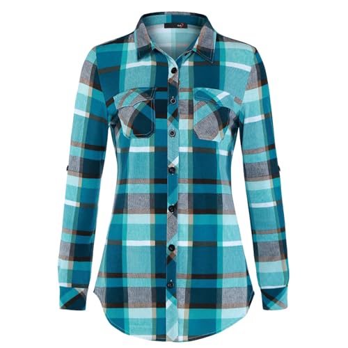 Kariertes Hemd Damen - Weiches Gestrick Karierte Bluse Langarm Holzfällerhemd 3/4 Roll Up Ärmel Hemdbluse Button-Down Karohemd Blusen Top Casual V-Ausschnitt Tunika Tops von Generisch