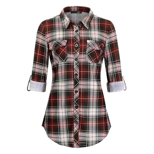 Kariertes Hemd Damen - Weiches Gestrick Karierte Bluse Langarm Holzfällerhemd 3/4 Roll Up Ärmel Hemdbluse Button-Down Karohemd Blusen Top Casual V-Ausschnitt Tunika Tops von Generisch