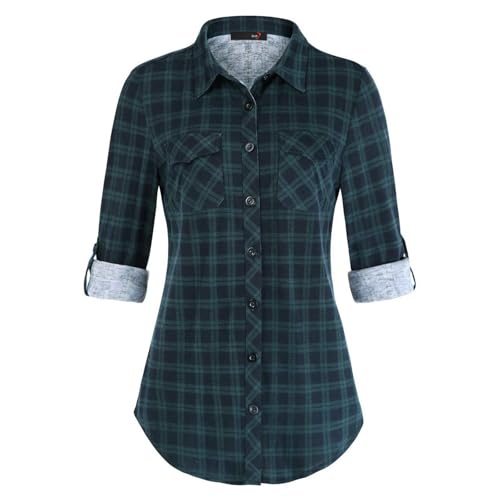 Kariertes Hemd Damen - Weiches Gestrick Karierte Bluse Langarm Holzfällerhemd 3/4 Roll Up Ärmel Hemdbluse Button-Down Karohemd Blusen Top Casual V-Ausschnitt Tunika Tops von Generisch