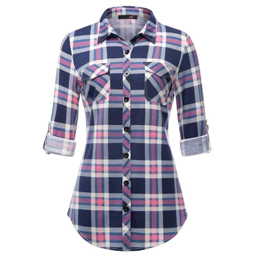 Kariertes Hemd Damen - Weiches Gestrick Karierte Bluse Langarm Holzfällerhemd 3/4 Roll Up Ärmel Hemdbluse Button-Down Karohemd Blusen Top Casual V-Ausschnitt Tunika Tops von Generisch