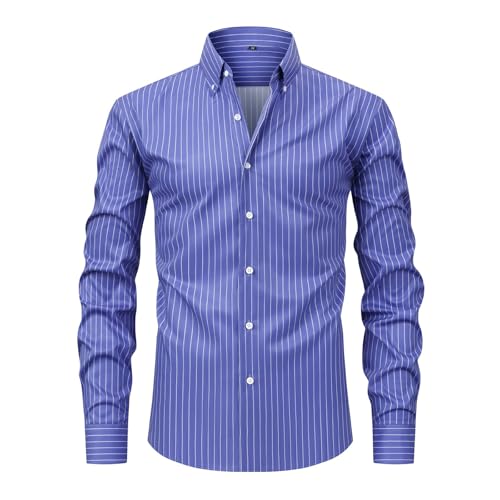 Kariertes Hemd Herren Formelles Hemd für Herren | Slim Fit Langarm-Knitter-Hochzeitshemd mit Stretch-Komfort-Button-Down-Kleidung Hemden Herren Blau Gestreift (Blue, M) von Generisch