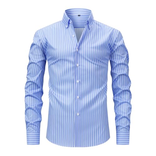 Kariertes Hemd Herren Formelles Hemd für Herren | Slim Fit Langarm-Knitter-Hochzeitshemd mit Stretch-Komfort-Button-Down-Kleidung Hemden Herren Blau Gestreift (Light Blue, S) von Generisch