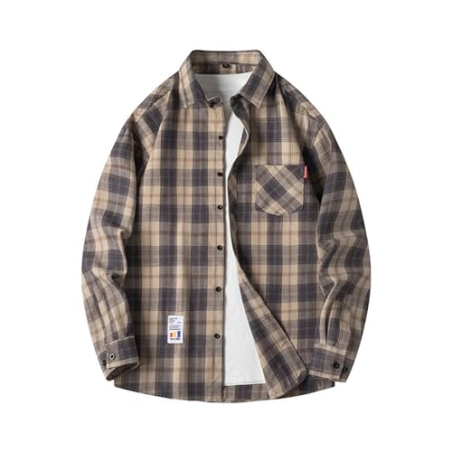 Kariertes Hemden Langarm Herren Modische Karohemd Revers Button Down Langarmhemd Herrenhemden mit Brusttaschen Retro Style Party Trachtenhemd Street Freizeithemd (Beige, 4XL) von Generisch