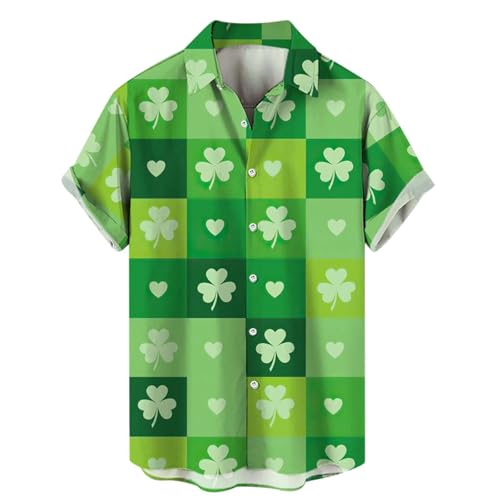 Kariertes Print Hemd Kurzarm St Patricks Day Top Urlaub Strandhemd 3D Bedruckte Lustige Muster Freizeithemden Revers Lose Tops Karneval Fasching Shirt Retro Style Party Outfit (Grün, 3XL) von Generisch