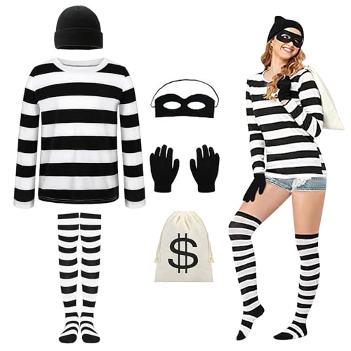 Generisch Karneval Kostüm Damen Bankräuber Erwachsene Frauen Räuber mit Hut Tshirt Maske Handschuhe Kniestrümpfe Tasche Dieb Kostüm Einbrecher Kostüme für Party Cosplay Halloween Faschingskostüme von Generisch