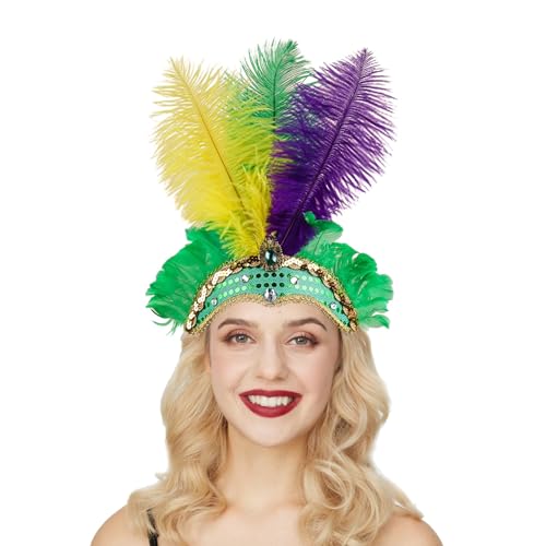 Karneval Kostüm Damen Feder Haarreif Haarband Lustige Kopfbedeckung Fascinator Bunt Feder Stirnband Cosplay Kopfschmuck Partyhut Erwachsene Fasching Regenbogen Bauchtanz Kostüm für Frauen von Generisch