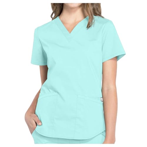 Kasack Damen Helles Blau Pflege Günstig Berufsbekleidung Oberteile Kurzarm Arbeitskleidung Tshirt Mit V-Ausschnitt Medizinische Uniform Einfarbig Krankenschwester Kostüm S-XXL Schlupfkasack von Generisch