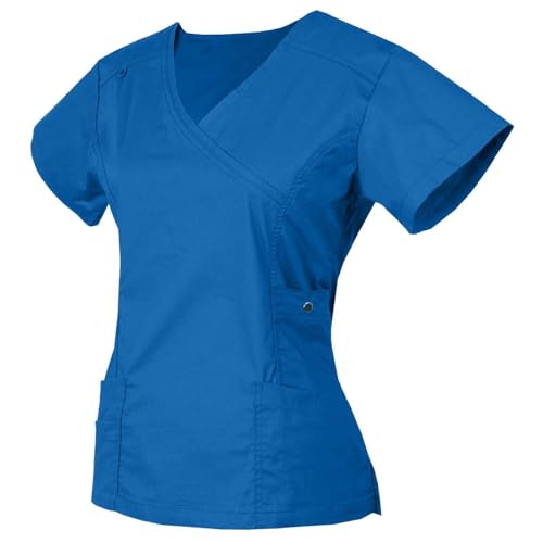 Kasack Damen Pflege Günstig Blau Berufsbekleidung Oberteile Kurzarm Arbeitskleidung Tshirt Mit V-Ausschnitt Medizinische Uniform Krankenschwester Kostüm S-XXL Schlupfkasack von Generisch