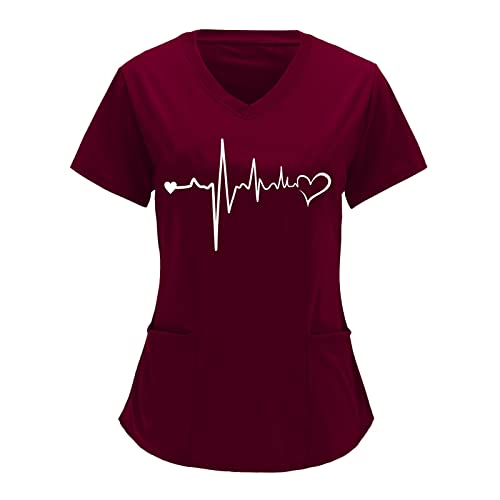 Kasack Damen Weinrot Pflege Günstig Berufsbekleidung Oberteile Kurzarm EKG Muster Arbeitskleidung Tshirt Mit V-Ausschnitt Medizinische Uniform Krankenschwester Kostüm S-XXL Schlupfkasack von Generisch